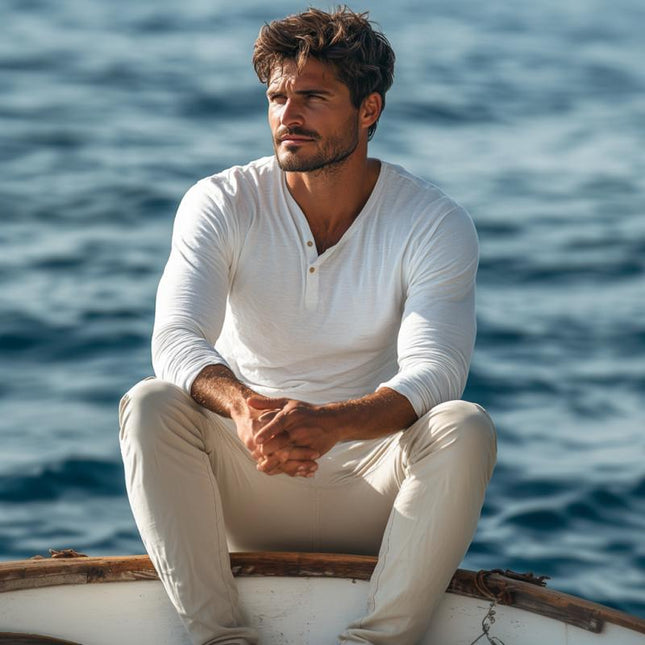 Men's Cotton Blend Henley Neck Slim Fit Long Sleeve T-Shirt | Casual Comfortable Shirt | Modern Style | Versatile Wear | Button Placket | Classic Design | Breathable Fabric | Stylish Layering | Durable & Refined