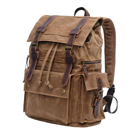 Men's Vintage Backpack | Beeswax Canvas & Leather | Multi-Pocket Design | Outdoor & Urban Use | Water-Resistant | Adjustable Straps | Durable & Stylish