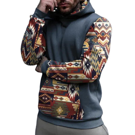 Men's Ethnic Style Hoodie | Retro Geometric Print | Casual Long Sleeve | Comfortable Cotton Blend | Adjustable Hood | Cozy Everyday Wear | Unique Statement Piece | Versatile Top