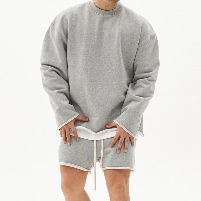 Men's Casual Loose Fit Sweatshirt & Shorts Set | Solid Color | Cotton Pullover | Autumn Winter Spring | Mid Waist | Short Pants | Long Sleeve