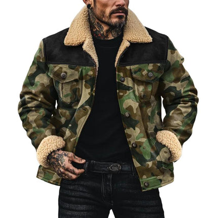 Men's Camouflage Suede Jacket | Fleece Lapel | Single Breasted | Stylish Outerwear | Casual & Formal | Warmth & Comfort | Long Sleeve