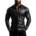 Men's Lapel Zipper Slim Fit Leather Dress Shirt | Long Sleeve Faux Leather | Casual or Semi-Formal Wear | Stylish Edgy Fashion | Solid Color | Modern Design | Versatile Wardrobe Essential | Men's Tops