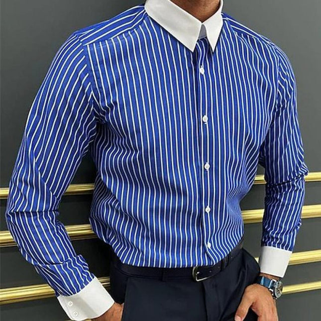 Men's Long Sleeve Striped Colorblock Shirt | Lapel Collar | Buttoned Cuffs | Casual Wear | Classic Style | Comfortable Fabric | Versatile Outfit
