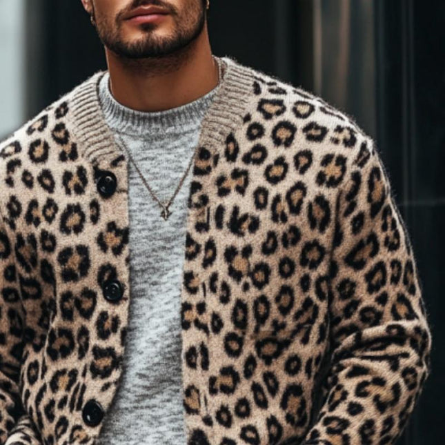 Men's Leopard Jacquard Cardigan | Vintage Colorblock Design | V-Neck Long Sleeve | Regular Fit | Soft Knit Fabric | Single Breasted Front | Cozy Outerwear for Fall Winter | Ideal for Layering & Smart-Casual Style