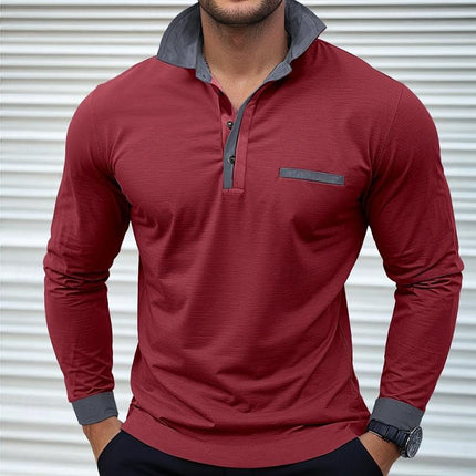 Men's Long Sleeve Colorblock Polo Shirt | Lapel Collar | Soft Cotton Blend | Modern Casual & Smart-Casual Wear | Versatile Hip-Length Design | Comfortable Regular Fit | Classic Button Placket | Durable Finish