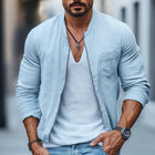 Men's Cotton Linen Jacket | Stand Collar | Chest Pocket | Zipper Closure | Solid Color | Long Sleeve | Breathable | Stylish Outerwear