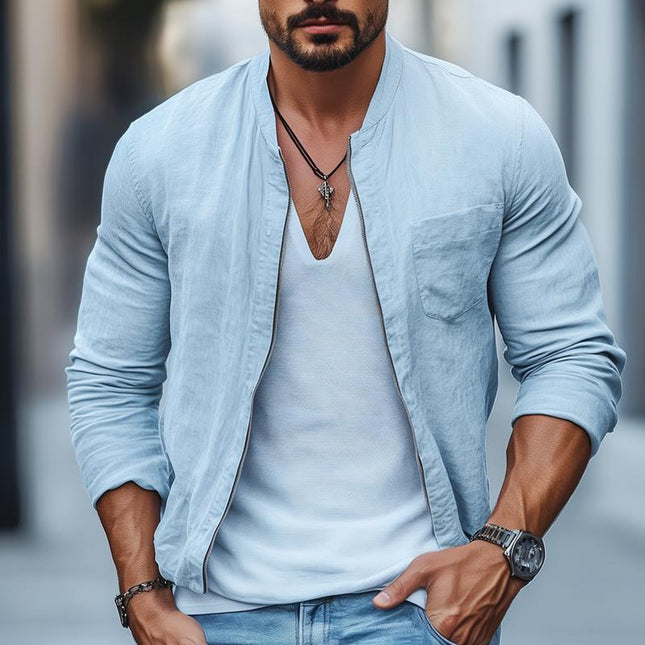 Men's Cotton Linen Jacket | Stand Collar | Chest Pocket | Zipper Closure | Solid Color | Long Sleeve | Breathable | Stylish Outerwear