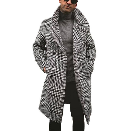 Men's Houndstooth Coat | Retro Double-Breasted Knee-Length Outerwear | Classic Casual Style | Vintage Sophistication | Tailored Fit | Lapel Collar | Functional Pockets | Versatile for Casual or Formal Use