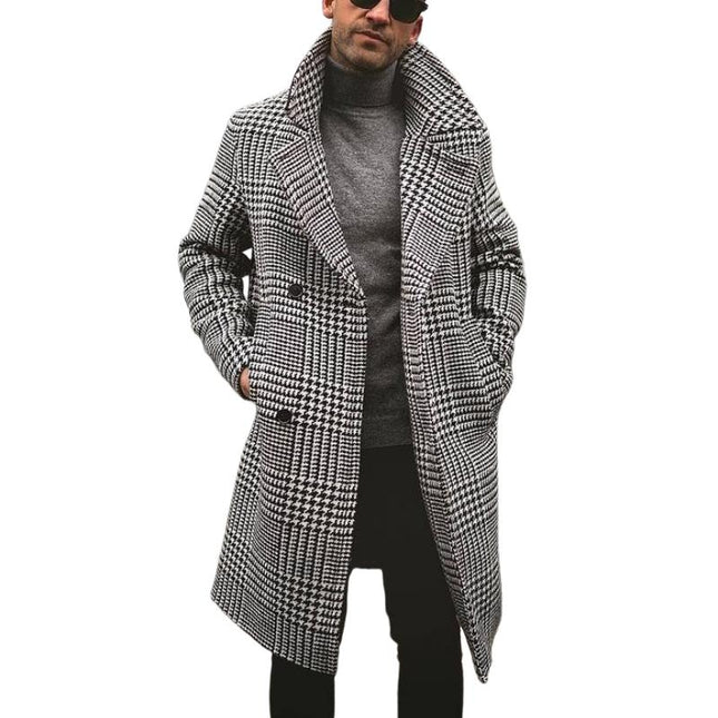 Men's Houndstooth Coat | Retro Double-Breasted Knee-Length Outerwear | Classic Casual Style | Vintage Sophistication | Tailored Fit | Lapel Collar | Functional Pockets | Versatile for Casual or Formal Use