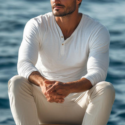 Men's Cotton Blend Henley Neck Slim Fit Long Sleeve T-Shirt | Casual Comfortable Shirt | Modern Style | Versatile Wear | Button Placket | Classic Design | Breathable Fabric | Stylish Layering | Durable & Refined