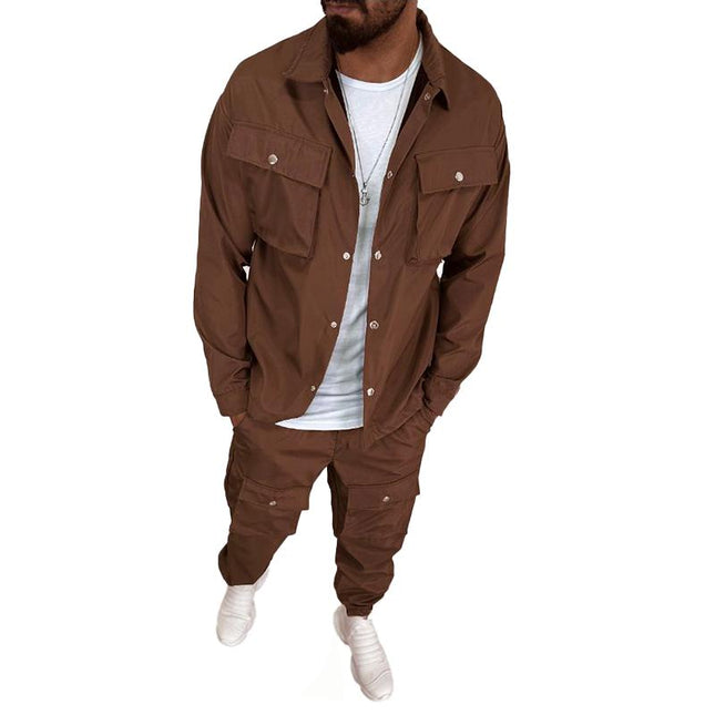 Men's Solid Lapel Single Breasted Jacket with Cargo Trousers Set | Versatile Solid Color | Tailored Fit | Stylish & Functional | Button Closure | Long Sleeve | Relaxed Fit | Breathable Fabric