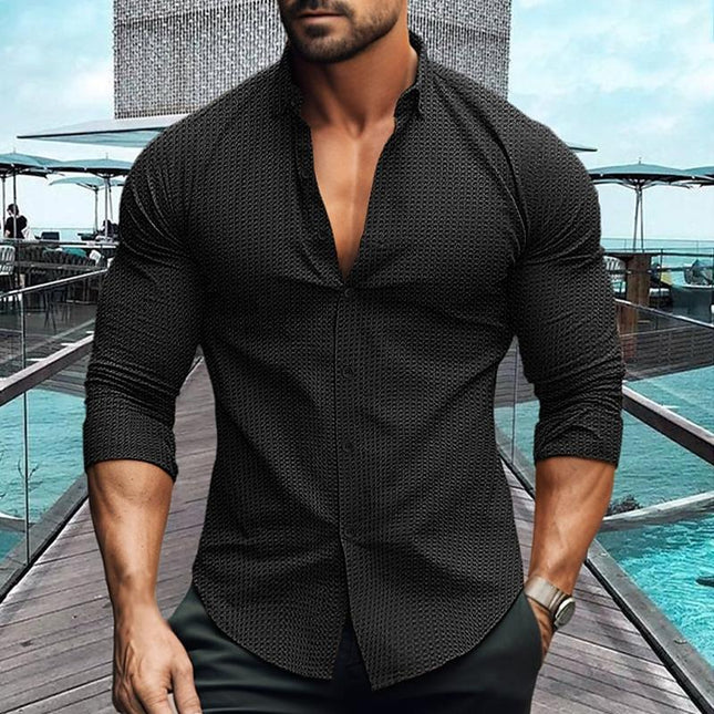 Men's Waffle Texture Shirt | Solid Color | Lapel Collar | Long Sleeve | Button Up | Casual & Semi-Formal | Premium Fabric | Classic Design | Versatile Fit | Multiple Sizes | Layering Essential