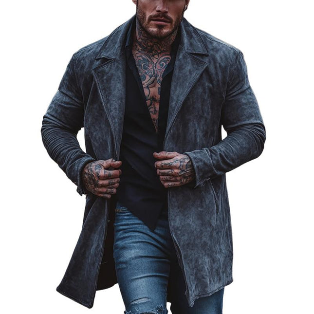 Men's Suede Trench Coat | Solid Color | Mid-Length Lapel Collar | Regular Fit | Long Sleeves | High-Quality Outerwear | Ideal for Fall & Spring | Smart Casual & Formal Wear | Versatile Men's Coat