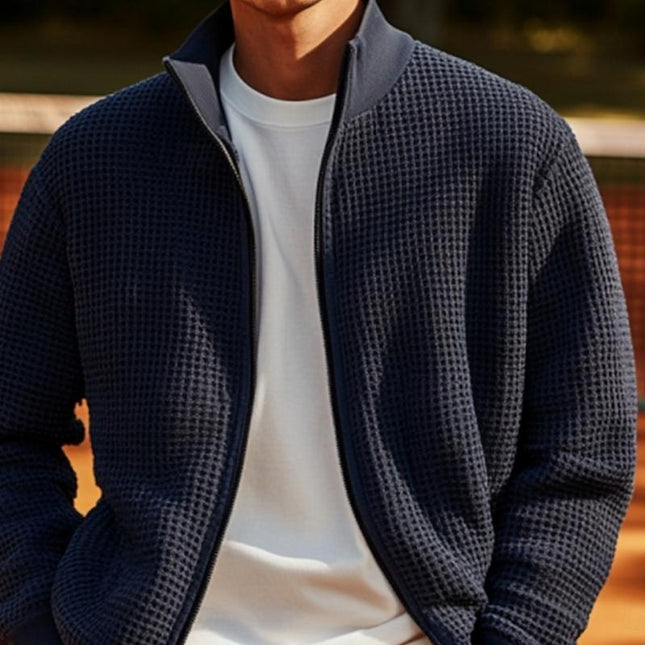 Men's Classic Waffle Knit Stand Collar Zipper Cardigan | Solid Color | Full-Length Sleeves | Regular Fit | Warm Outerwear Layer | Comfortable Breathable Fabric | Stylish Modern Design | Easy to Style | Versatile Everyday Wear
