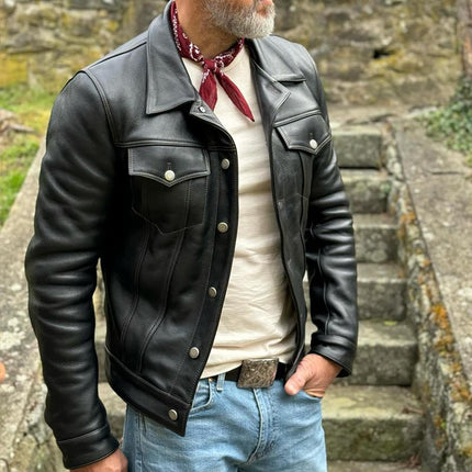Men's Vintage Leather Jacket | Classic Lapel Collar | Single Breasted | Chest Pocket | Casual Outerwear | Durable Long Sleeve | Soft High-Quality Leather | Stylish for Cooler Weather | Versatile Fit