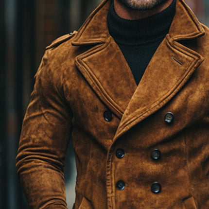 Men's Suede Hooded Double-Breasted Jacket | Vintage Casual Outerwear | Long Sleeve | Sizes S-3XL | Pockets | Spring Autumn Winter Fashion