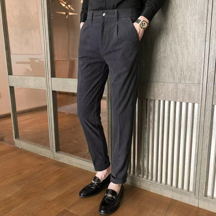 Men's Corduroy Straight Fit Suit Pants | Mid-Rise Waist | Full-Length | Soft Solid Color | Business Casual or Semi-Formal Outings | Warm Fall Winter Trousers | Versatile Styling with Shirts and Jackets