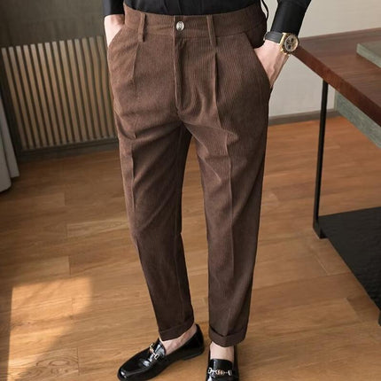 Men's Corduroy Straight Fit Suit Pants | Mid-Rise Waist | Full-Length | Soft Solid Color | Business Casual or Semi-Formal Outings | Warm Fall Winter Trousers | Versatile Styling with Shirts and Jackets