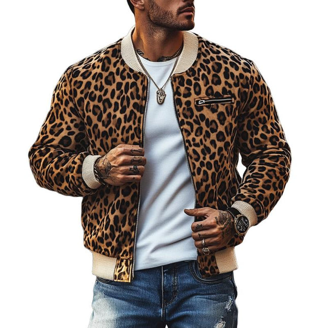 Men's Vintage Leopard Print Colorblock Bomber Jacket | Retro Zip-Up Outerwear | Bold Style | Ribbed Trims | Premium Fabric | Casual to Formal Versatile | Fashion-Forward Design