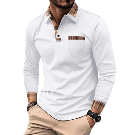 Men's Long Sleeve Polo Shirt | Checked Stitching Design | Casual Lapel Collar | Soft Breathable Fabric | Smart-Casual Versatile Style