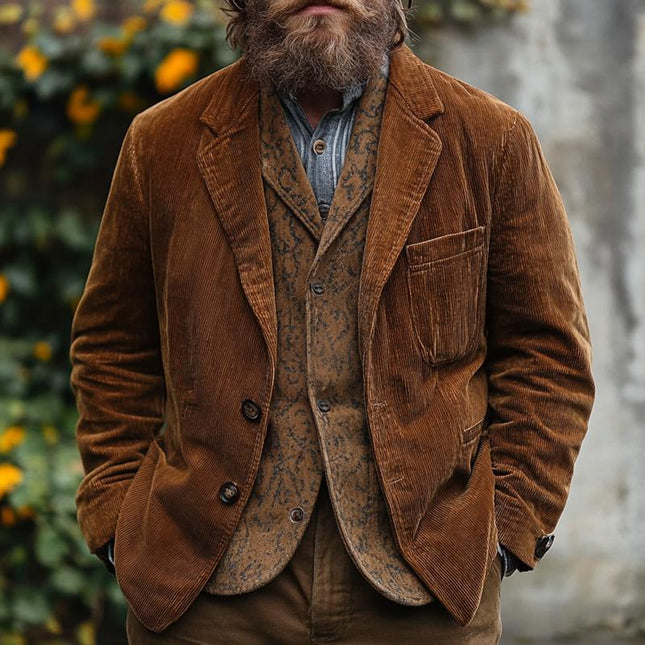 Men's Vintage Corduroy Blazer | Solid Color | Two Buttons | Loose Fit | Notch Lapel | Long Sleeve | Retro Style | Soft Durable Fabric | Versatile Outerwear | Comfort & Style | Sizes S-XXXL