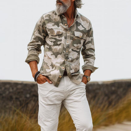 Men's Camouflage Cargo Shirt | Lapel Collar | Breast Pocket | Multi-Pocket Design | Lightweight Polyester Blend | Military-Inspired Look | Casual Wear | Outdoor Activities | Streetwear Fashion