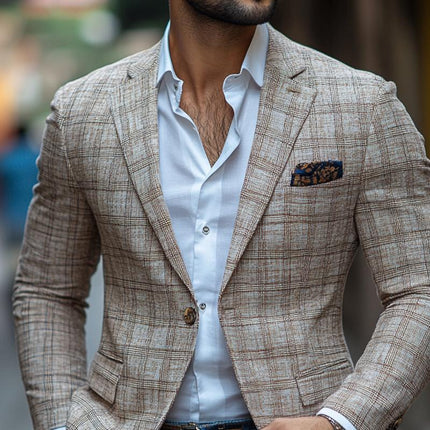 Men's Retro Checked Blazer | Notch Lapel | One Button | Casual Outerwear | Stylish Checked Pattern | Long Sleeve | Premium Fabric | Sophisticated Semi-Formal Style | Regular Fit | Versatile Men's Fashion