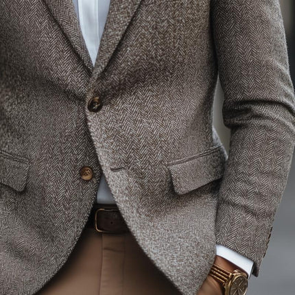 Men's Slim Fit Blazer | Vintage Herringbone Fabric | Notch Lapel | Two Button Design | Elegant & Versatile Outerwear | Sizes Small to XXXL | Long Sleeve | Classic Tailored Style | Dress Up for Formal & Casual Occasions