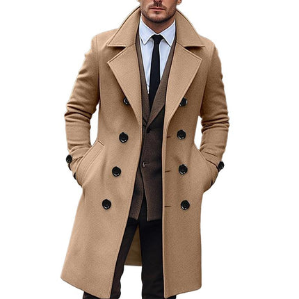 Men's Double Breasted Long Coat | Solid Notch Lapel | Winter Outerwear | Elegant Formal Classic Style | Refined Tailored Fit | Premium Material | Versatile Sizes | Timeless Charm for Cold Season