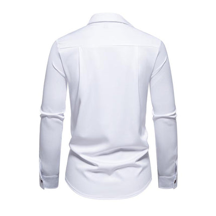 Men's Slim Fit Long Sleeve Shirt | Asymmetric Hem | Slanted Placket | Lapel Collar | Casual & Stylish | Premium Cotton Blend | Adjustable Cuffs | Versatile Dress Shirt for Men