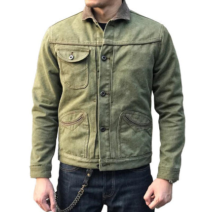 Men's Retro Style Motorcycle Inspired Jacket | Classic Lapel Collar | Single Breasted | Long Sleeve | Washed Canvas | Vintage Stone-Washed Effect | Functional Pockets | Tailored Fit | Subtle Luxurious Appeal