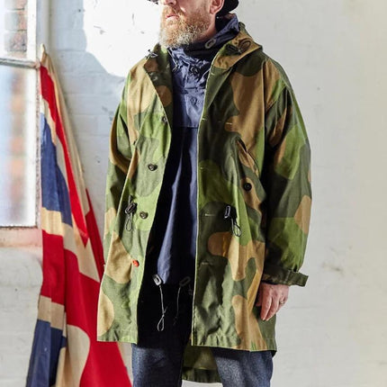 Men's Camouflage Hooded Trench Coat | Durable Cotton Blend | Single Breasted | Adjustable Waist | Military Green | Windbreaker | Front Pockets | Classic Fit | Weather Resistant | Styling Outerwear