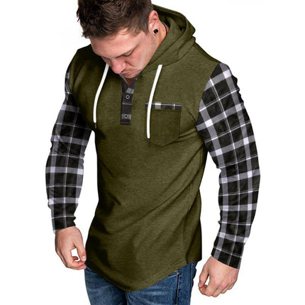 Men's Hoodie | Casual Checkered Color Block | Button-Up Design | Long Sleeve | Soft Cotton Blend | Adjustable Hood | Functional Pockets | Hip-Length | Comfortable Fit | Stylish Layering | Ideal for Fall & Spring
