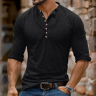Men's Henley Collar T-Shirt | Long Sleeve | Multi-Button Detail | Soft Cotton Blend | Relaxed Fit | Solid Color | Versatile Casual Layering Essential | Ideal for Fall & Spring | Comfortable Everyday Wear