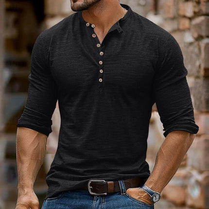 Men's Henley Collar T-Shirt | Long Sleeve | Multi-Button Detail | Soft Cotton Blend | Relaxed Fit | Solid Color | Versatile Casual Layering Essential | Ideal for Fall & Spring | Comfortable Everyday Wear