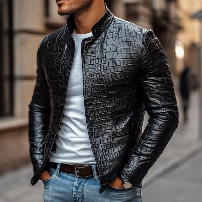 Men's Luxury Crocodile Leather Jacket | Stand Collar | Single Breasted | Slim Fit | Genuine Leather Outerwear | Versatile Styling | Durable | Elegant Design | Modern Men's Fashion