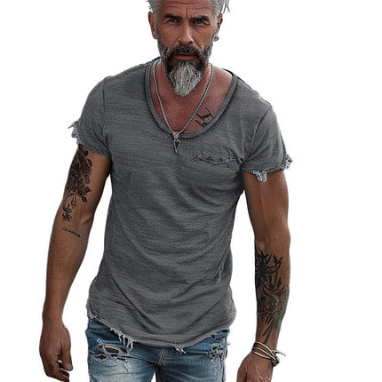 Men's Retro T-Shirt | Solid Color | Round Neck | Raw Edge Short Sleeve | Casual Fit | Vintage Inspired | Breathable Cotton | Versatile Style | Comfort All Seasons | Great with Jeans or Shorts