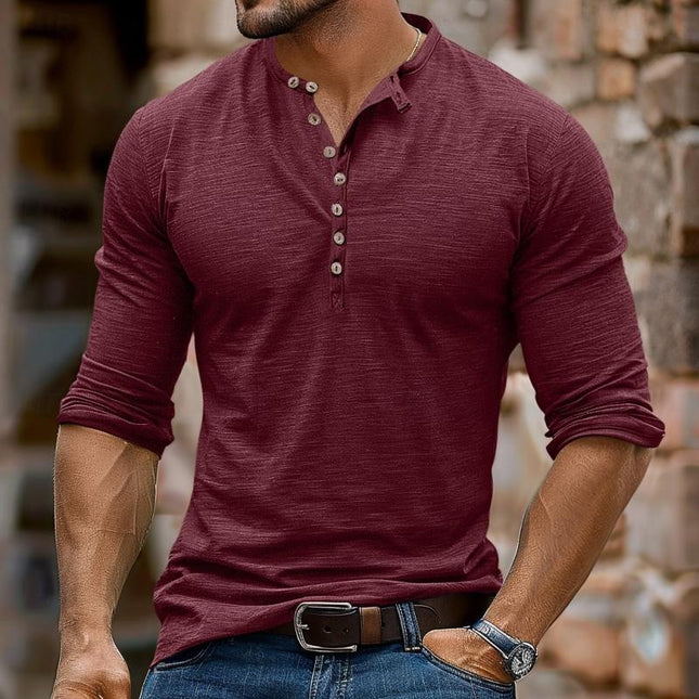 Men's Henley Collar T-Shirt | Long Sleeve | Multi-Button Detail | Soft Cotton Blend | Relaxed Fit | Solid Color | Versatile Casual Layering Essential | Ideal for Fall & Spring | Comfortable Everyday Wear