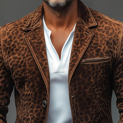 Men's Blazer | Vintage Leopard Print Suede | Notch Lapel | Multi-Pocket | Single Breasted | Long Sleeves | Slim Fit | Fashion Outerwear