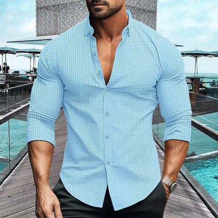 Men's Waffle Texture Shirt | Solid Color | Lapel Collar | Long Sleeve | Button Up | Casual & Semi-Formal | Premium Fabric | Classic Design | Versatile Fit | Multiple Sizes | Layering Essential