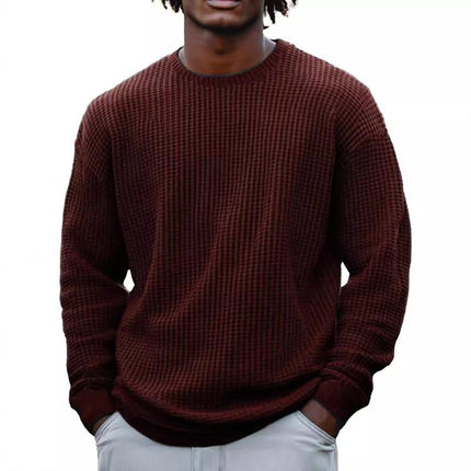 Men's Long Sleeve Waffle Knit Sweatshirt | Solid Color | Round Neck | Casual Layering | Soft Cotton Blend | Versatile Urban Fashion | Sizes S-5XL | Cool Weather Essentials