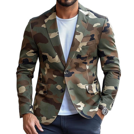 Men's Blazer | Retro Camouflage Pattern | Notch Lapel | Single Breasted | Long Sleeve | Cotton Polyester Blend | Sizes S-XXXL | Casual & Semi-Formal Wear | Flap Pockets | Lightly Padded Shoulders