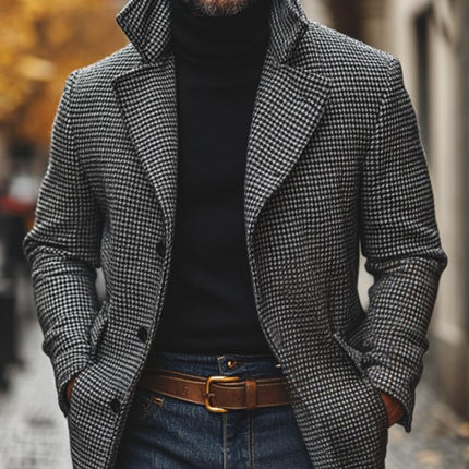 Men's Wool Blend Coat | Classic Houndstooth Pattern | Notch Lapel | Single Breasted | Mid-Length | Versatile Outerwear for Formal & Casual Wear | Warm & Durable | Practical Pockets