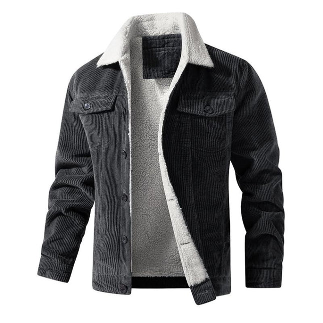Men's Vintage Corduroy Jacket | Solid Color | Plush Faux-Fur Collar | Long Sleeves | Button Cuffs | Regular Fit | Waist Length | Soft Durable Corduroy Fabric | Fall Winter Outerwear | Casual Stylish Design