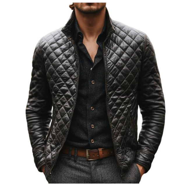 Men's Quilted Leather Jacket | Genuine Leather | Casual Outerwear | Black | Stand Collar | Long Sleeve | Modern Style | Versatile Fit | Warm and Durable | Timeless Appeal