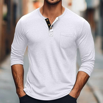 Men's Long Sleeve T-Shirt | Solid Color | Round Neck with Button Detail | Soft Cotton Blend | Regular Fit | Versatile Layering Essential for Casual Wear | Perfect for Fall and Spring | Machine Washable