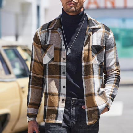Men's Relaxed Fit Flannel Shirt | Vintage Check Pattern | Lapel Collar | Long Sleeve | Warm & Soft | Earthy Tones | Casual & Versatile | For Layering | Ideal for Fall & Winter |