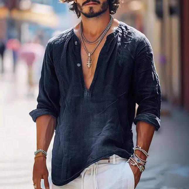 Men's Long Sleeve V-Neck Button Down Shirt | Vintage Style | Solid Color | Regular Fit | Cotton Linen Blend | Casual Smart Casual | Fall Winter Spring Wear | Comfortable Durable |