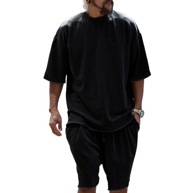 Men's Loose Fit Cotton Blend T-shirt and Shorts Set | Casual Fashion Activewear | Round Neck | Short Sleeve | Mid Waist | Spring Summer Autumn