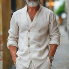 Men's Premium Cotton Linen Shirt | Stand Collar | Double Breasted | Long Sleeve | Breathable Durable Fabric | Sustainable Sourced | Comfortable Fit | Versatile Casual to Semi-Formal Wear